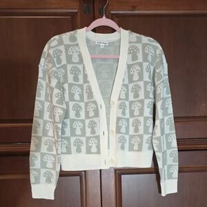 Mushroom Patterned Cardigan Sweater - Green and Cream